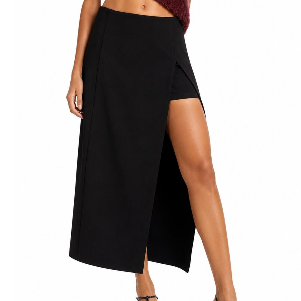 Avec Les Filles Black Midi Skort Womens 14 NWT Faux Wrap High Slit